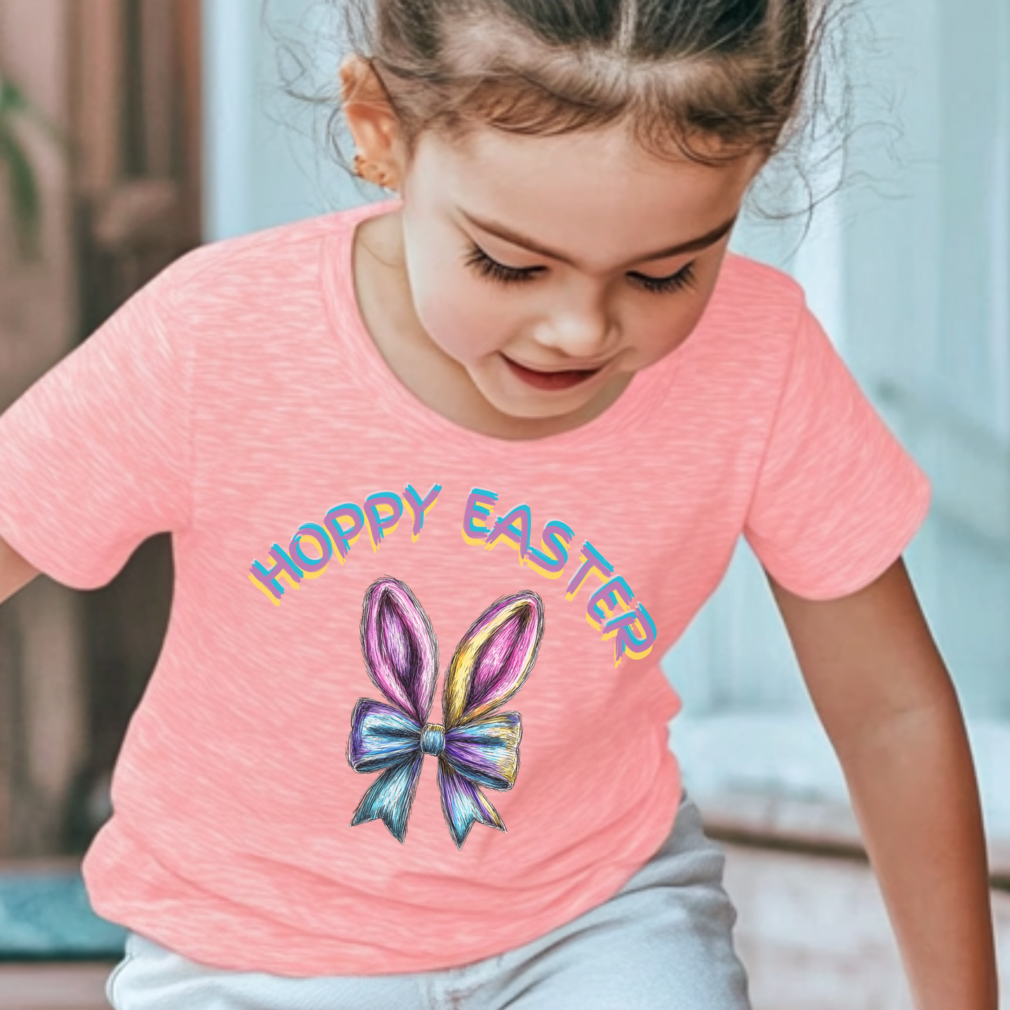 Hoppy Easter Bunny Bow Kids T-Shirt – Cute Pastel Bunny Ears Tee