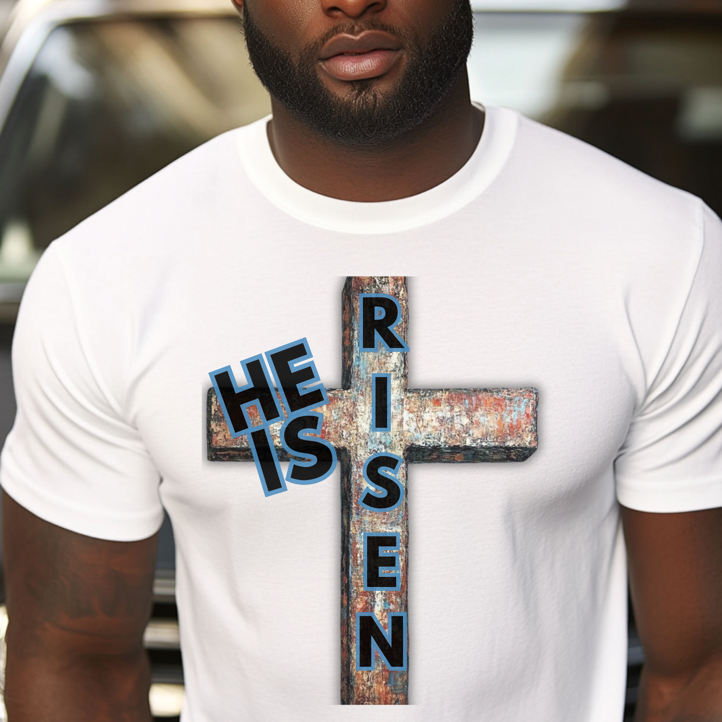 He Is Risen Christian T-Shirt – Rustic Cross Easter Faith Tee