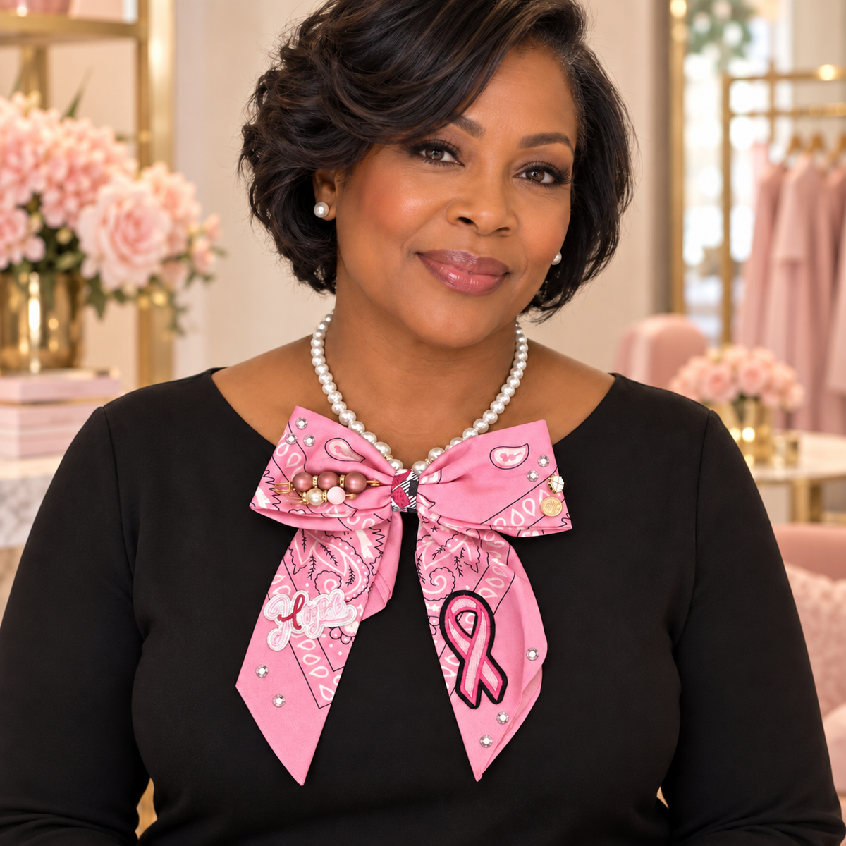 Pink Breast Cancer Awareness Bandana Bow Pearl Necklace | Hope Ribbon Statement Necklace