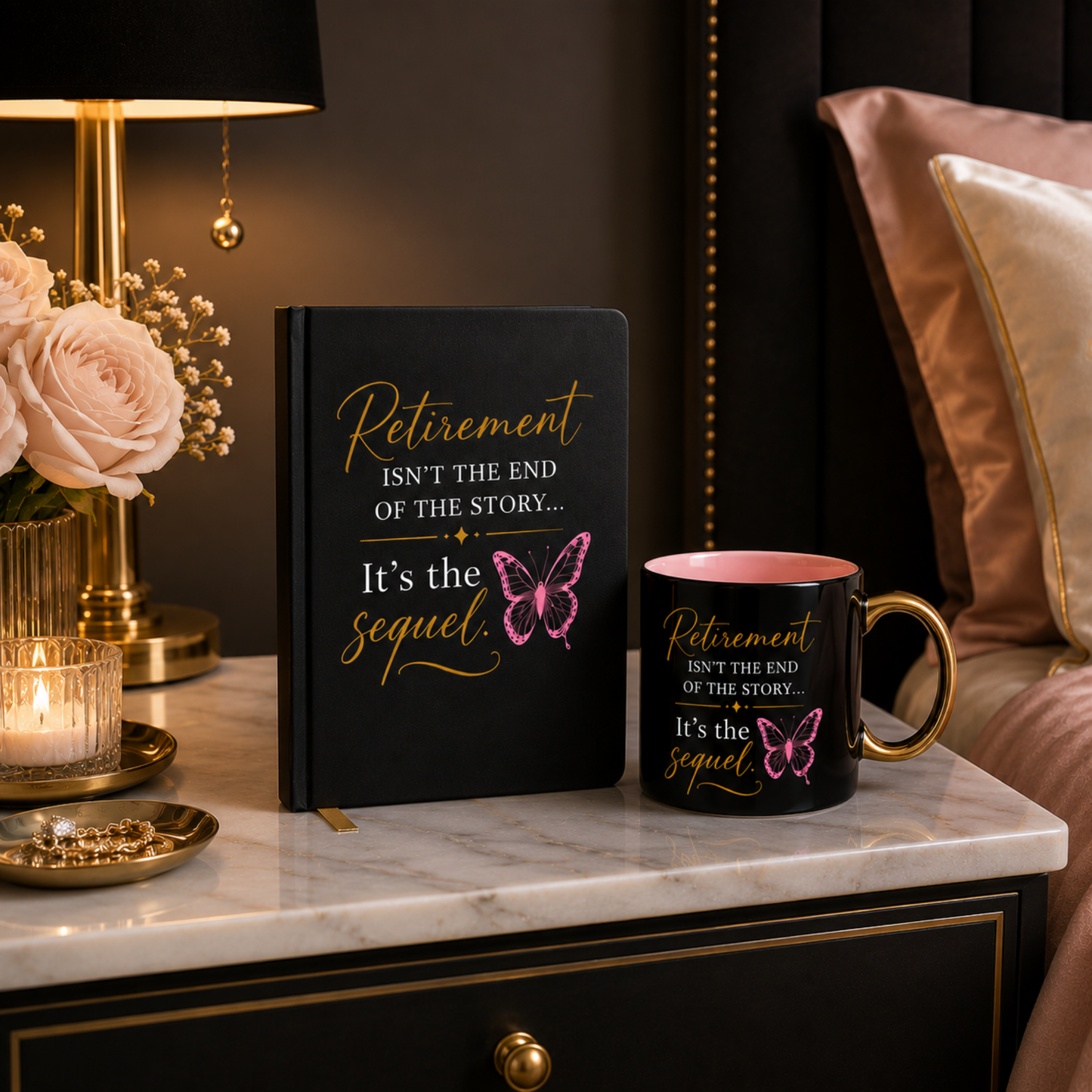 A black mug and matching book styled on a marble nightstand in a bedroom setting. The book and mug are printed with the quote 'Retirement ISN'T THE END of the story.