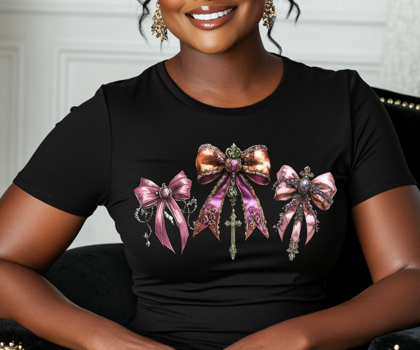 Royal Elegance Trio Bow T-Shirt – Vintage Glam & Faith-Inspired Tee