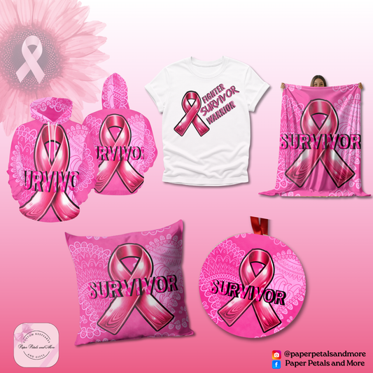 Breast Cancer Awareness Survivor Deluxe Bundle – Hoodie, T-Shirt, Blanket, Pillow & Ornament Set