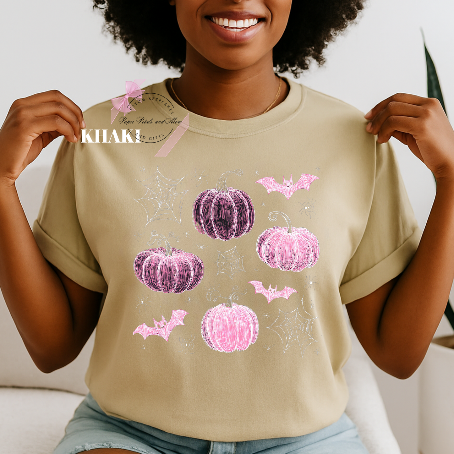 Fall Halloween Pink Pumpkins & Bats Fall Graphic Tee