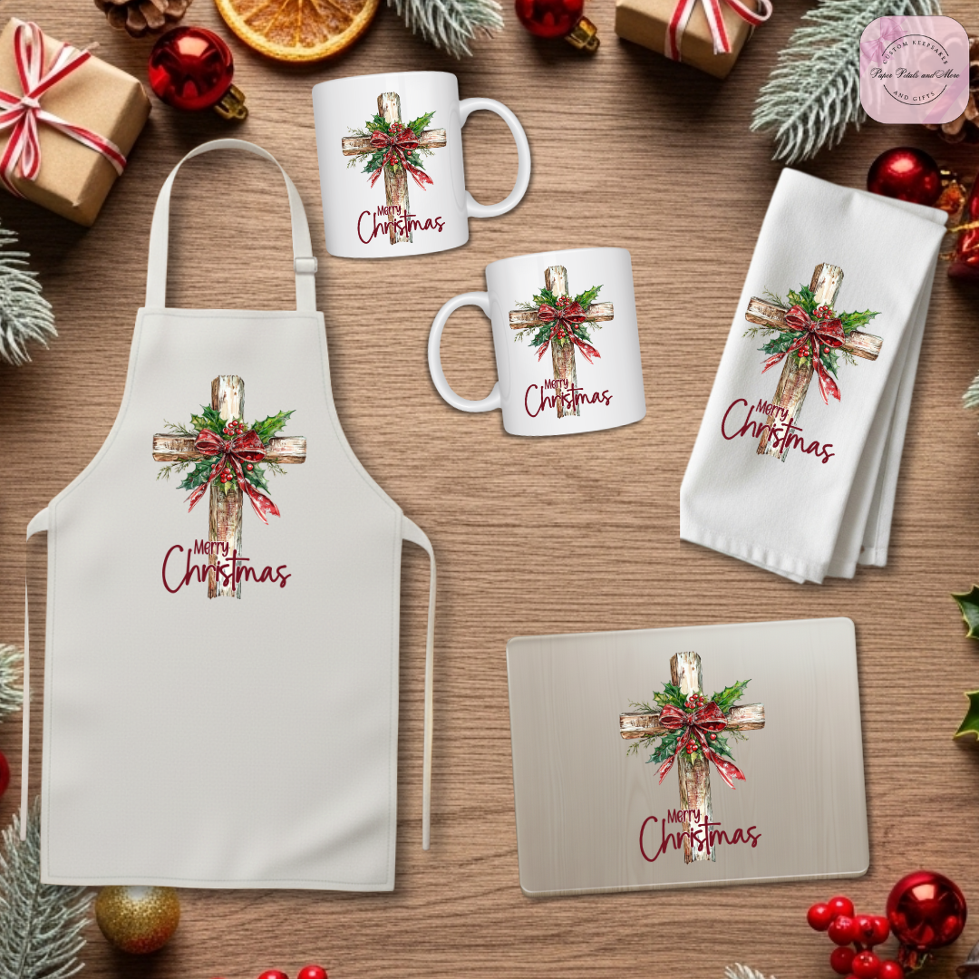 Merry Christmas Cross Kitchen Bundle Personalized Holiday Home Decor Keepsake Gift Set