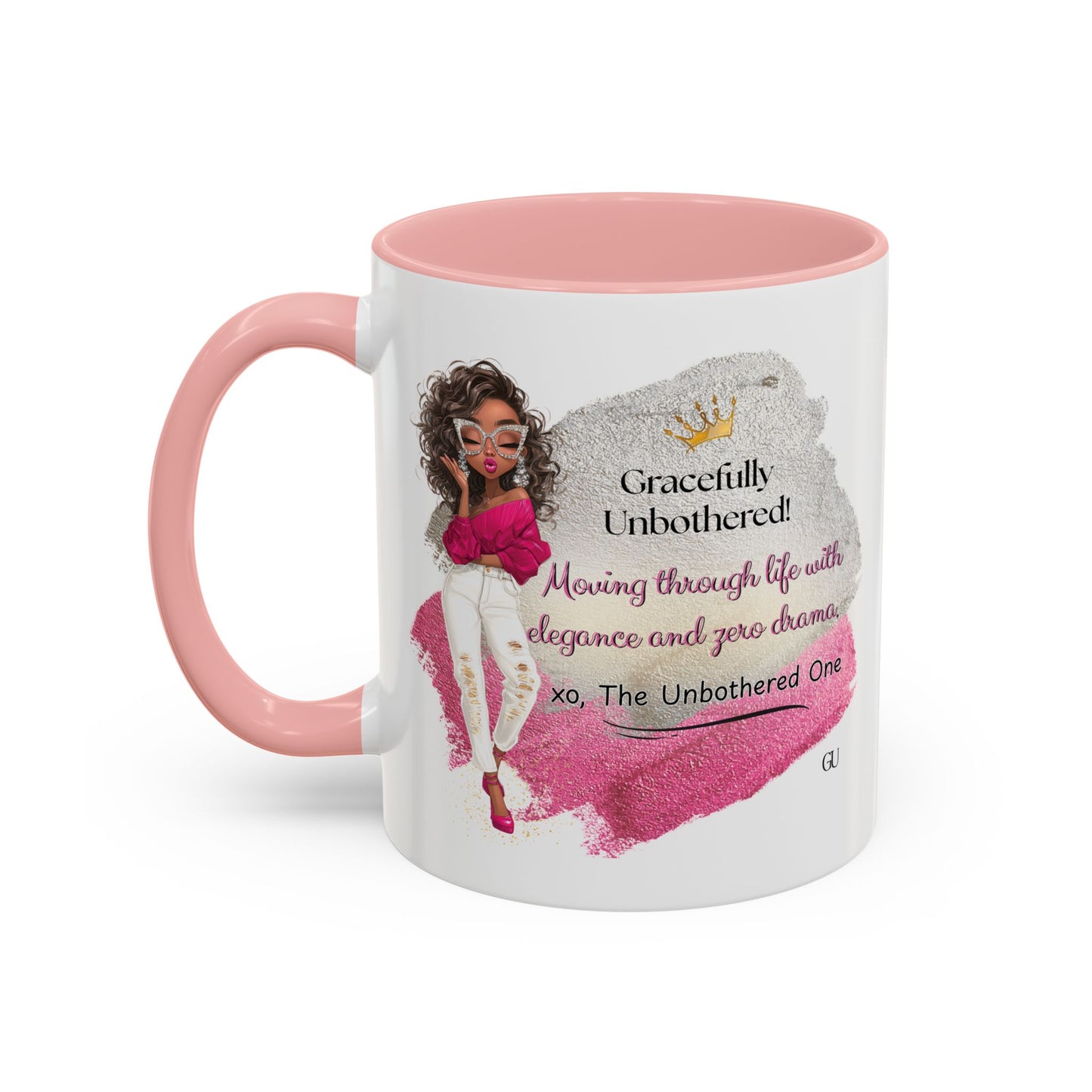 Gracefully Unbothered™ “Elegance & Zero Drama” 11oz & 15oz Ceramic Mug – Pink & Black Accent Handle