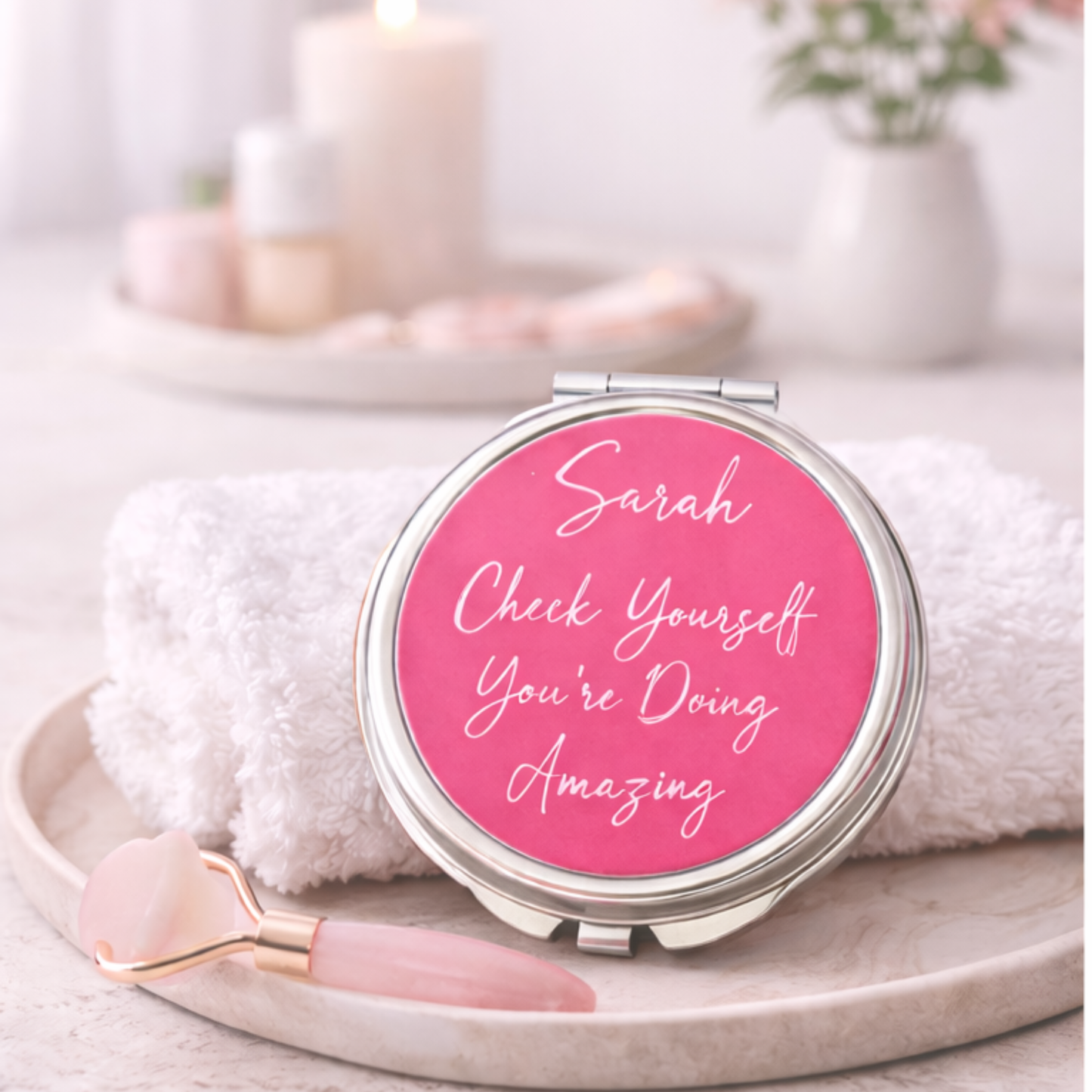 Personalized Compact Mirror with Encouraging Message