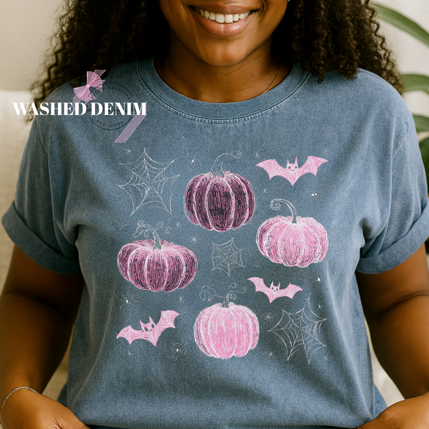 Fall Halloween Pink Pumpkins & Bats Fall Graphic Tee