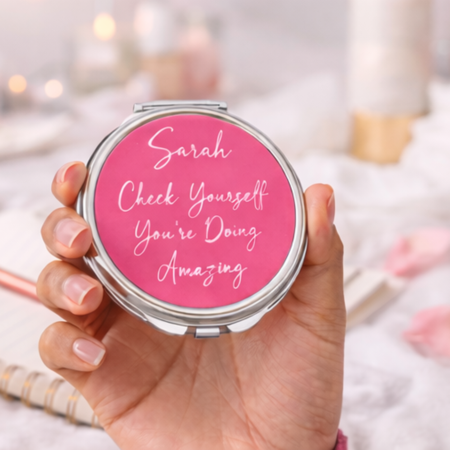 Personalized Compact Mirror with Encouraging Message
