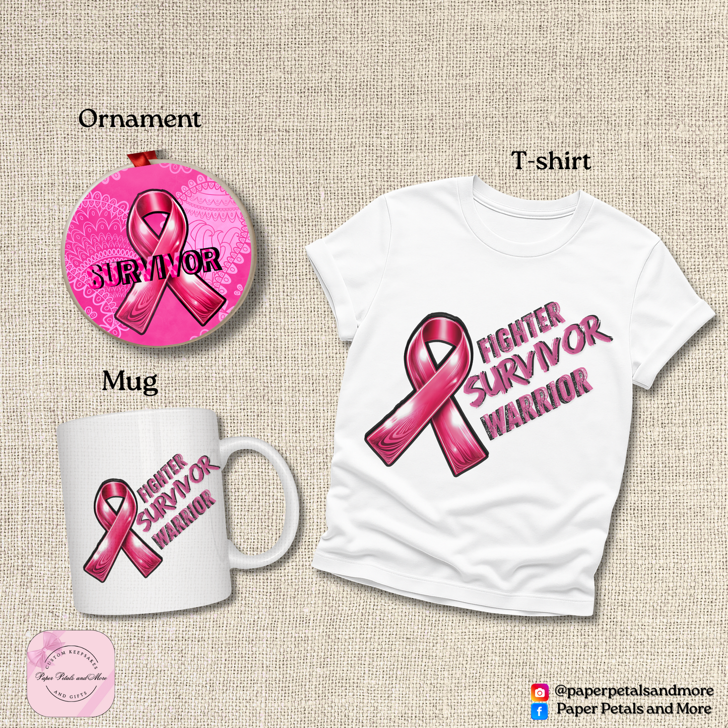 Breast Cancer Awareness Gift Bundle – Fighter Survivor Warrior T-Shirt, Mug & Ornament Set