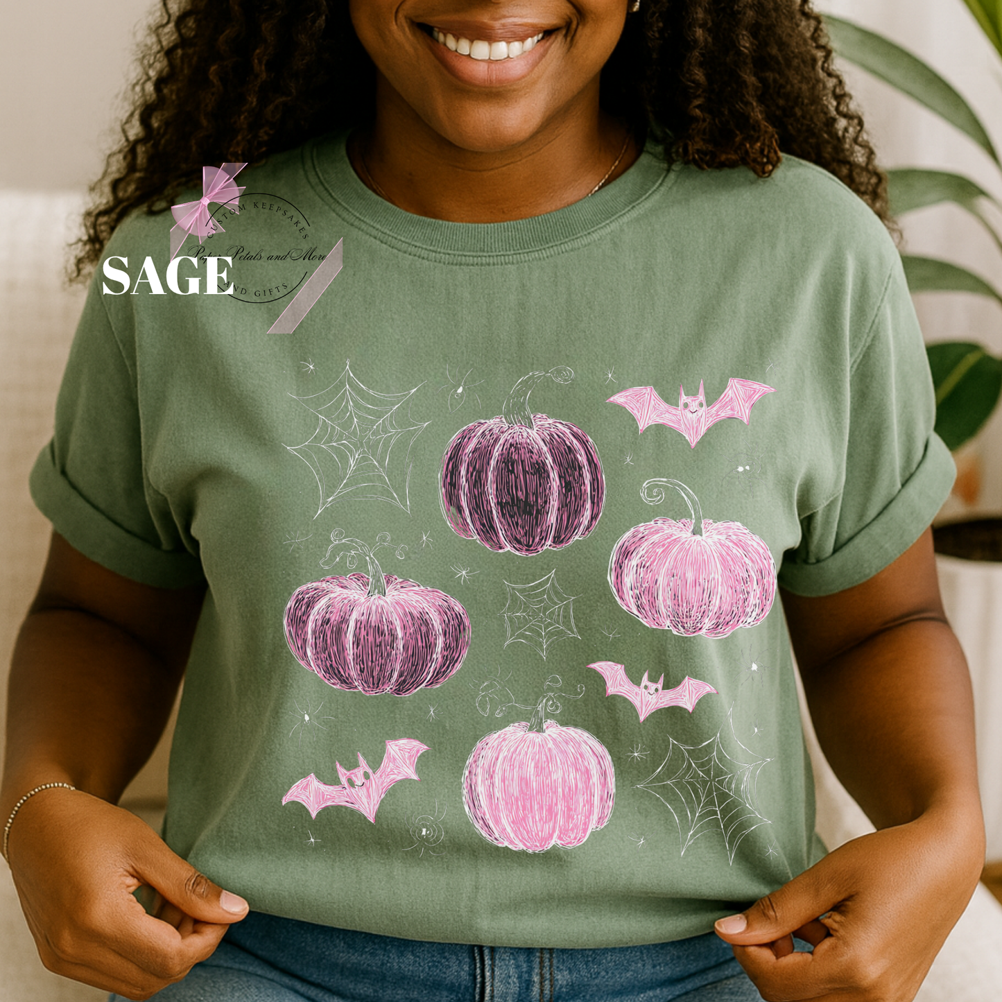 Fall Halloween Pink Pumpkins & Bats Fall Graphic Tee