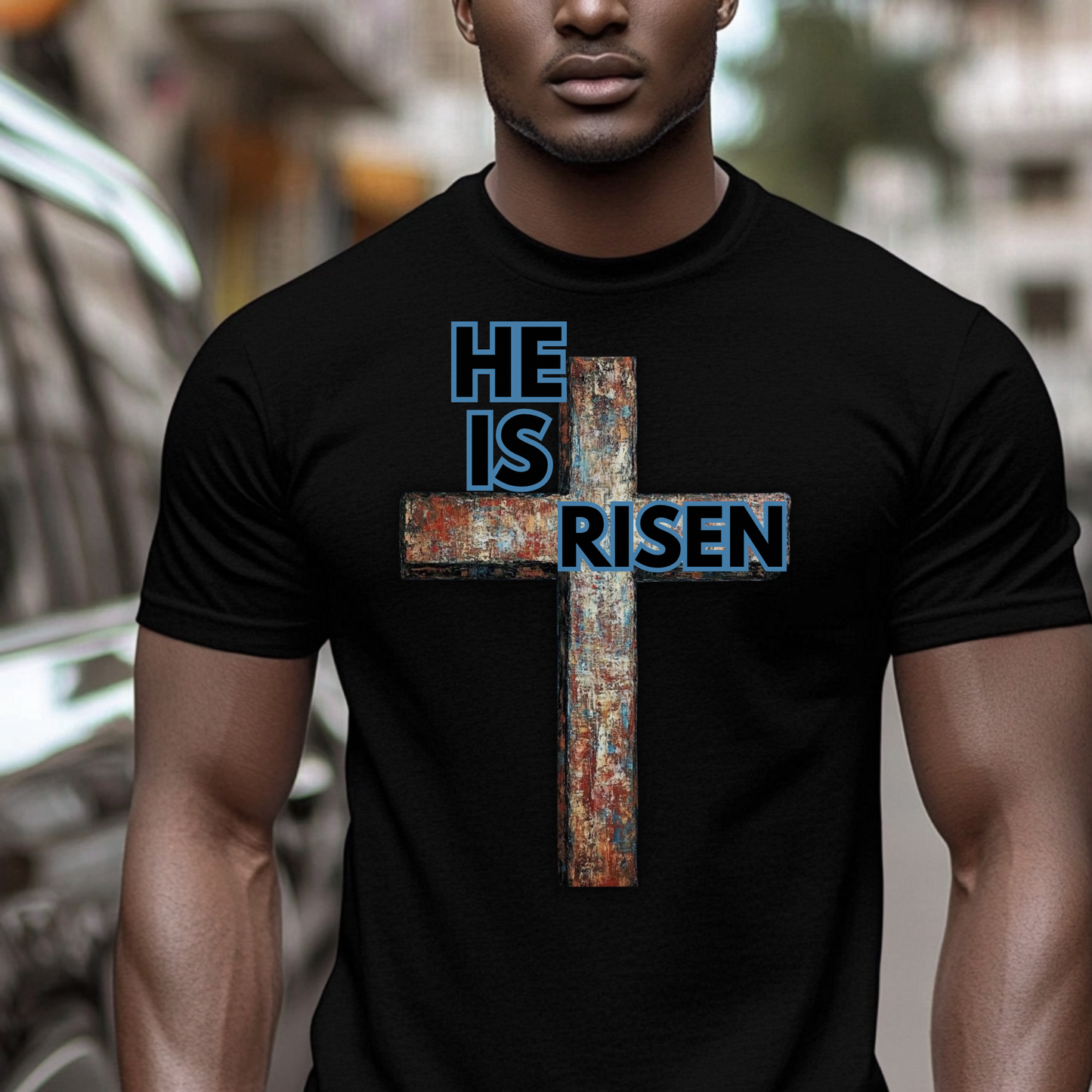 He Is Risen Christian T-Shirt – Rustic Cross Easter Faith Tee