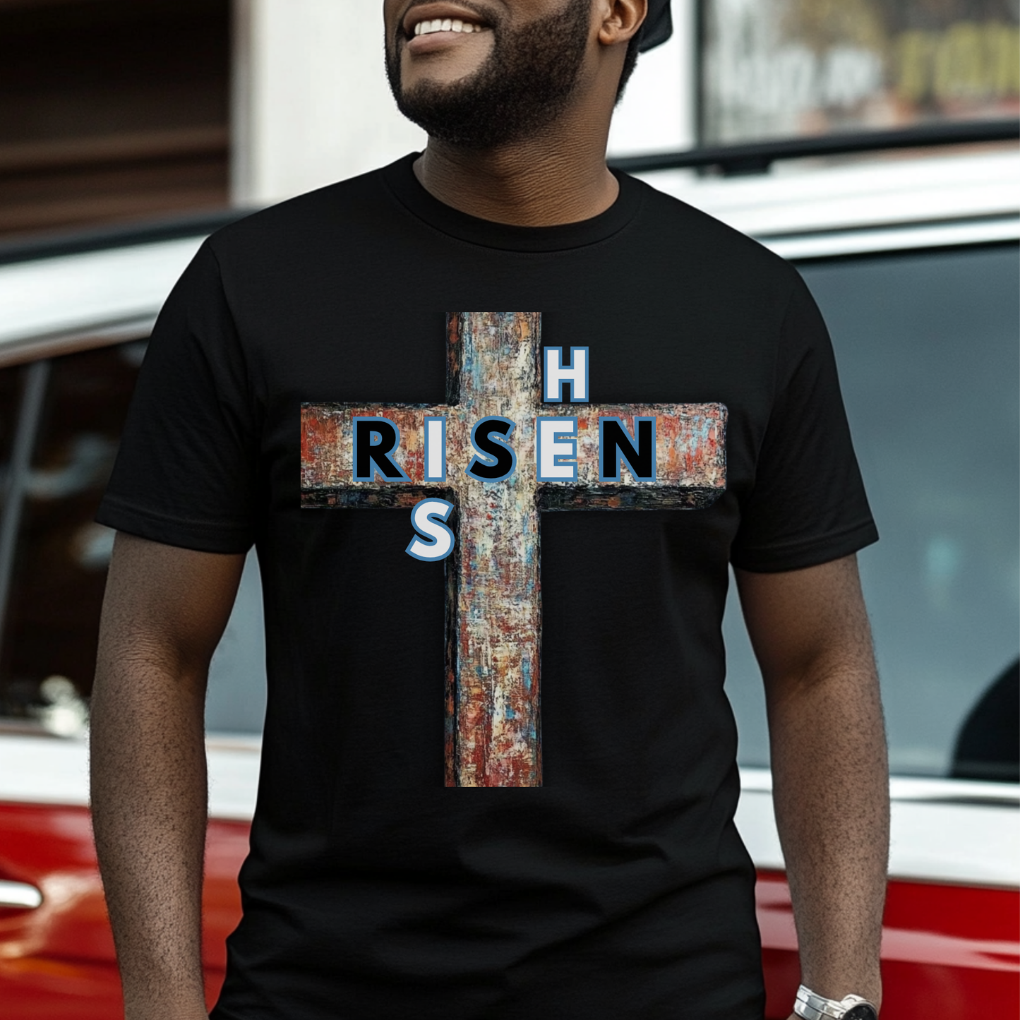 He Is Risen Christian T-Shirt – Rustic Cross Easter Faith Tee