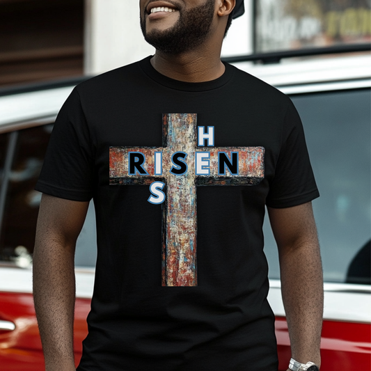 He Is Risen Christian T-Shirt – Rustic Cross Easter Faith Tee
