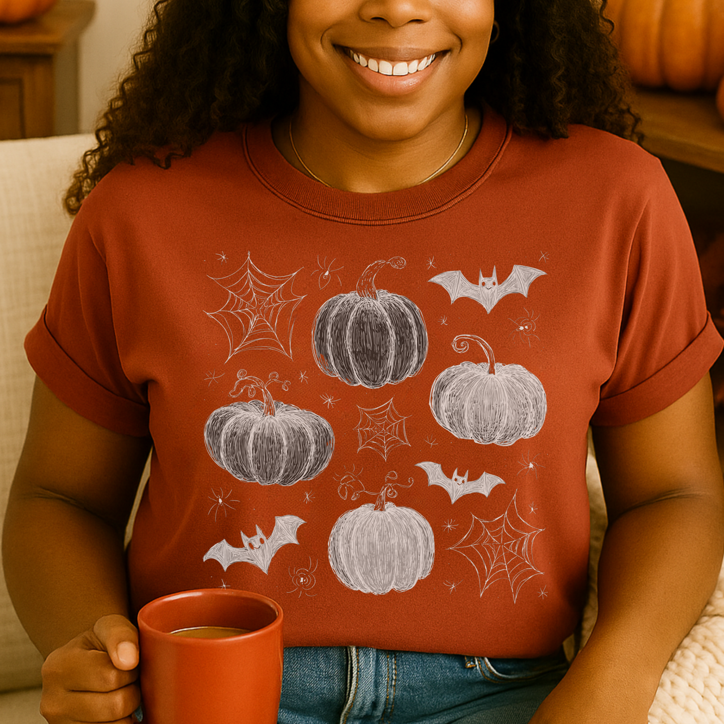 Fall Halloween Pink Pumpkins & Bats Fall Graphic Tee