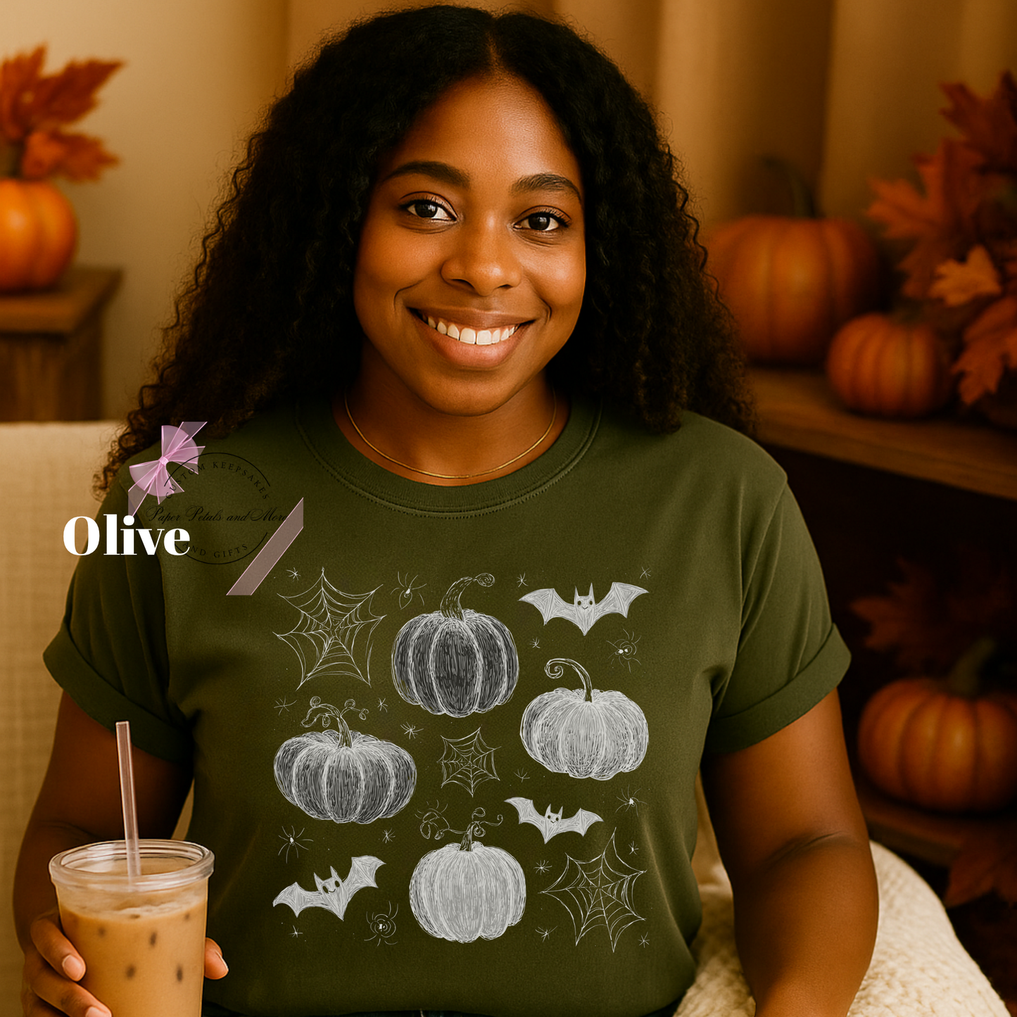Fall Halloween Pink Pumpkins & Bats Fall Graphic Tee