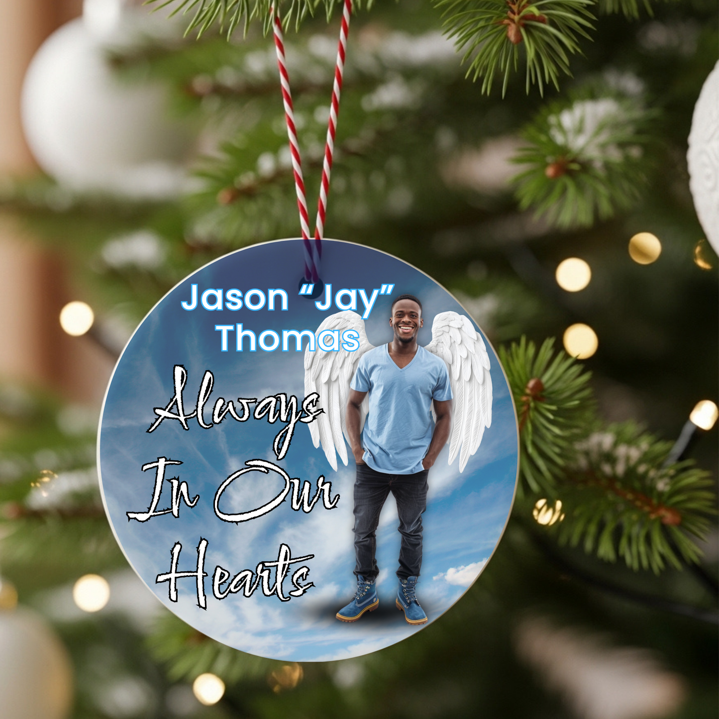 Always In Our Hearts Memorial Ornament – Personalized Angel Wings Photo Keepsake Gift