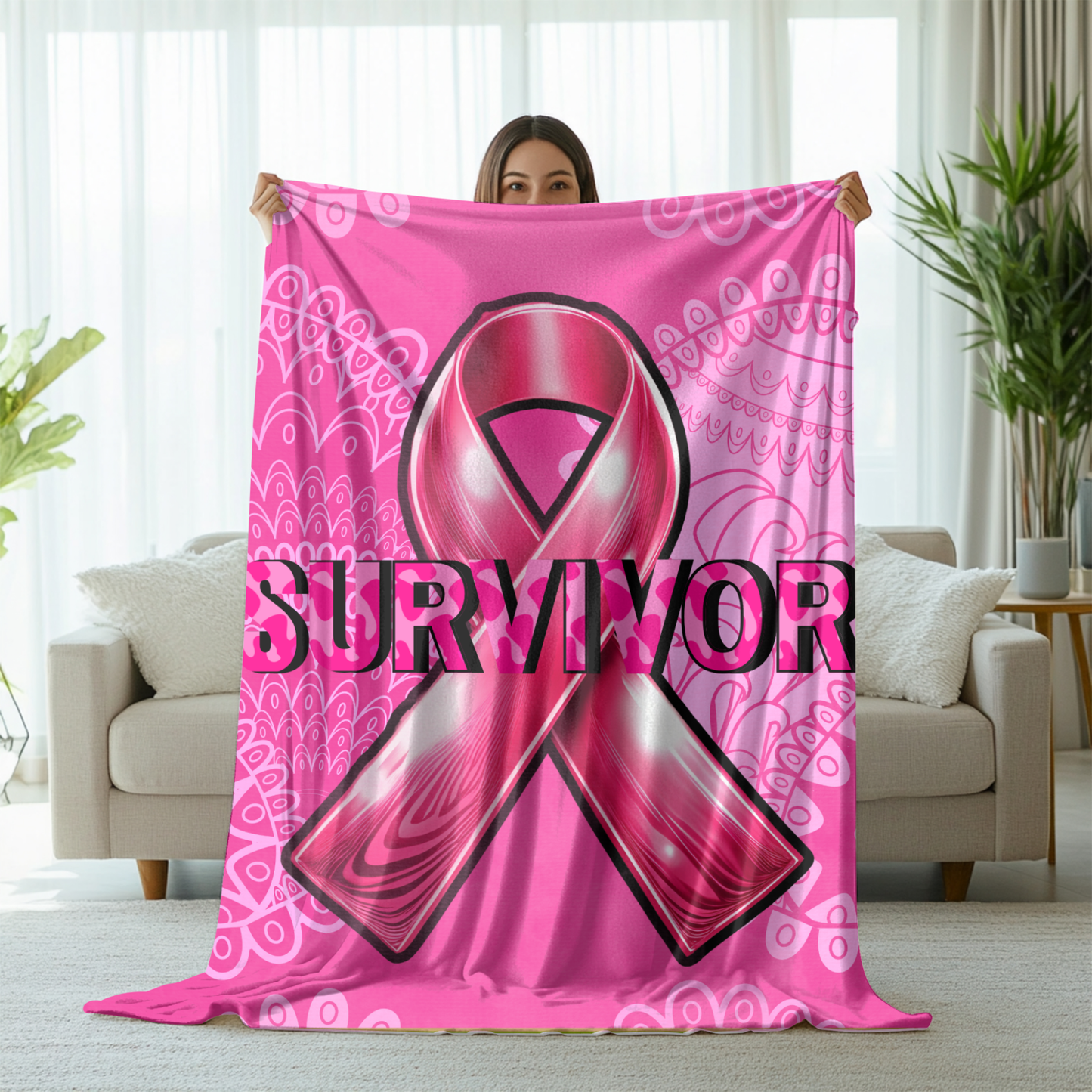 Velveteen Plush Blanket, Comfort Blanket, Pink Warrior Cancer Awareness Gift, Supportive Throw, Cozy Home Decor, Inspirational Gift
