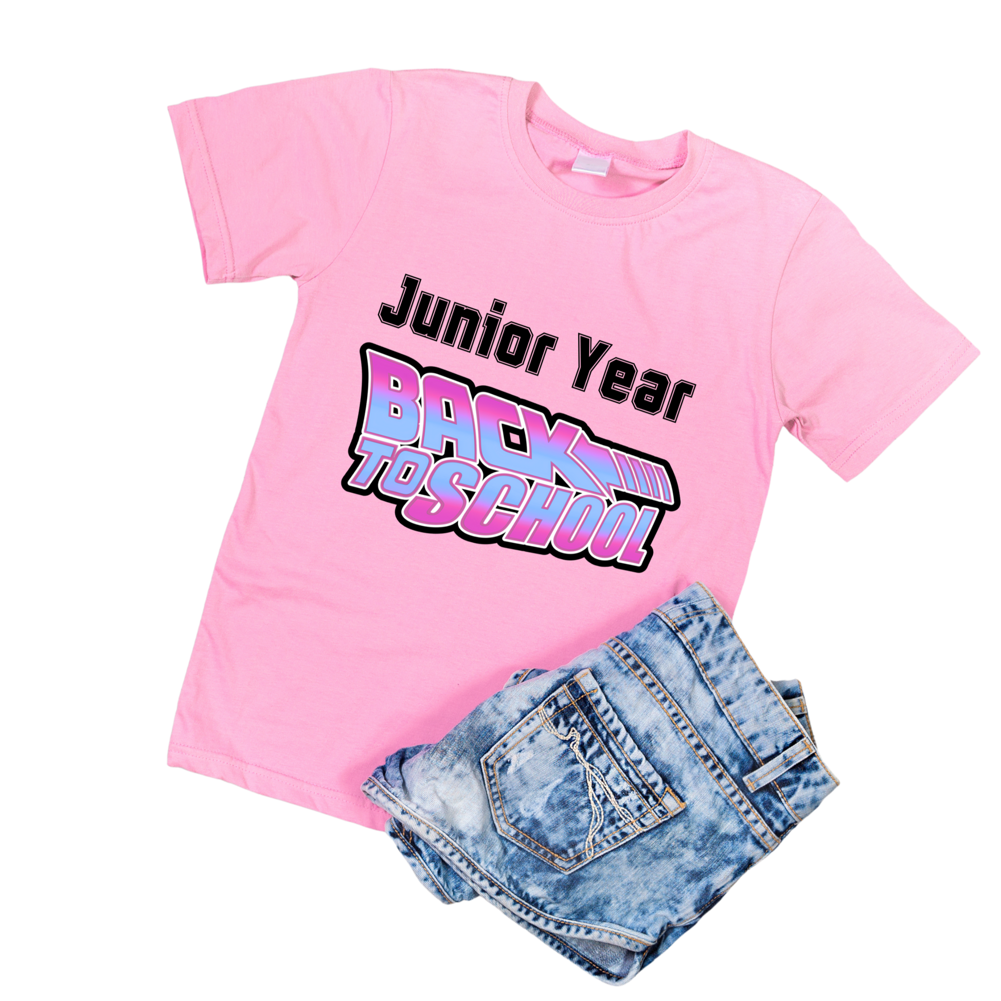 Pink t-shirt with 'Junior Year' text and denim shorts on a white background