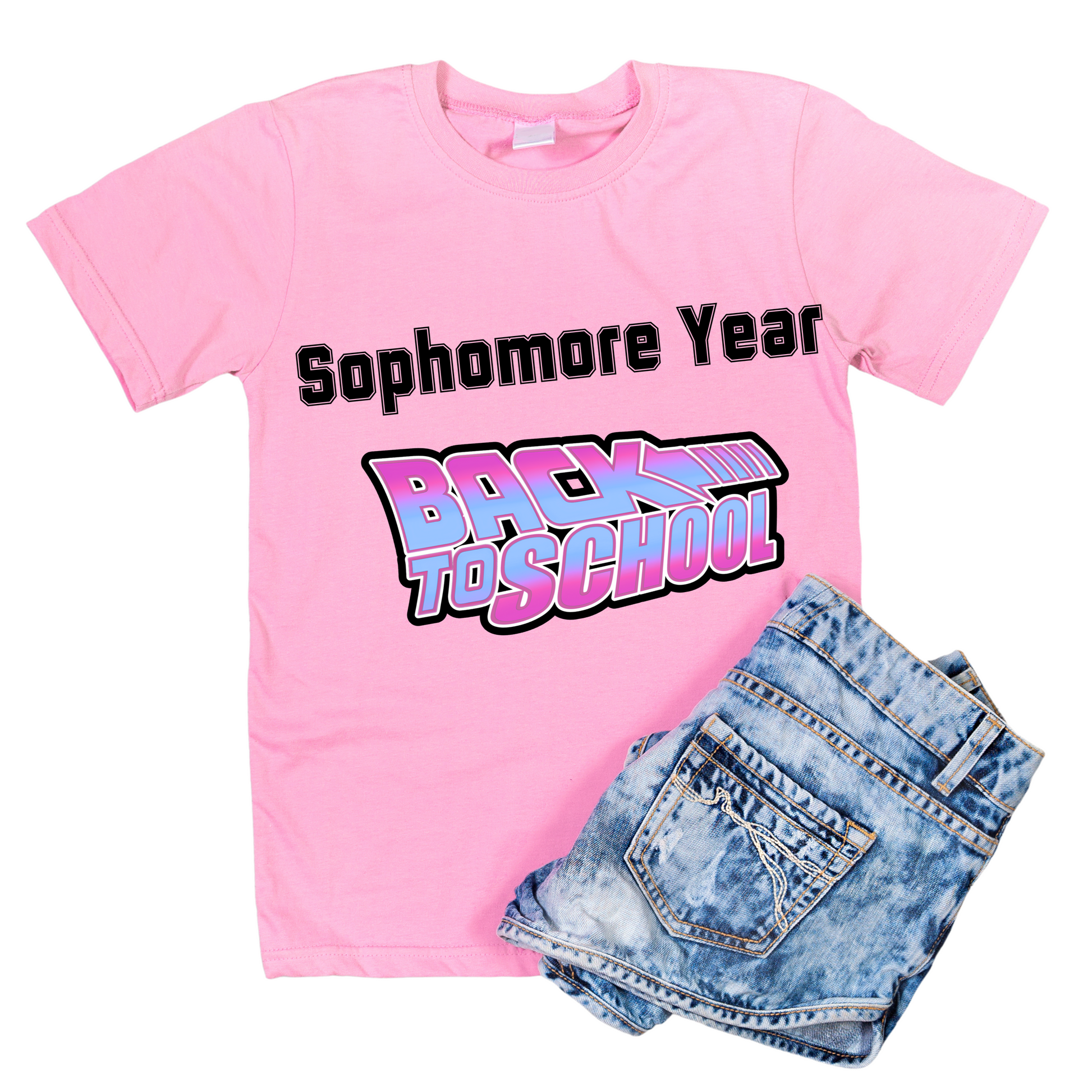 Pink t-shirt with 'Sophomore Year' and 'Back to School' text, paired with denim shorts on a white background.