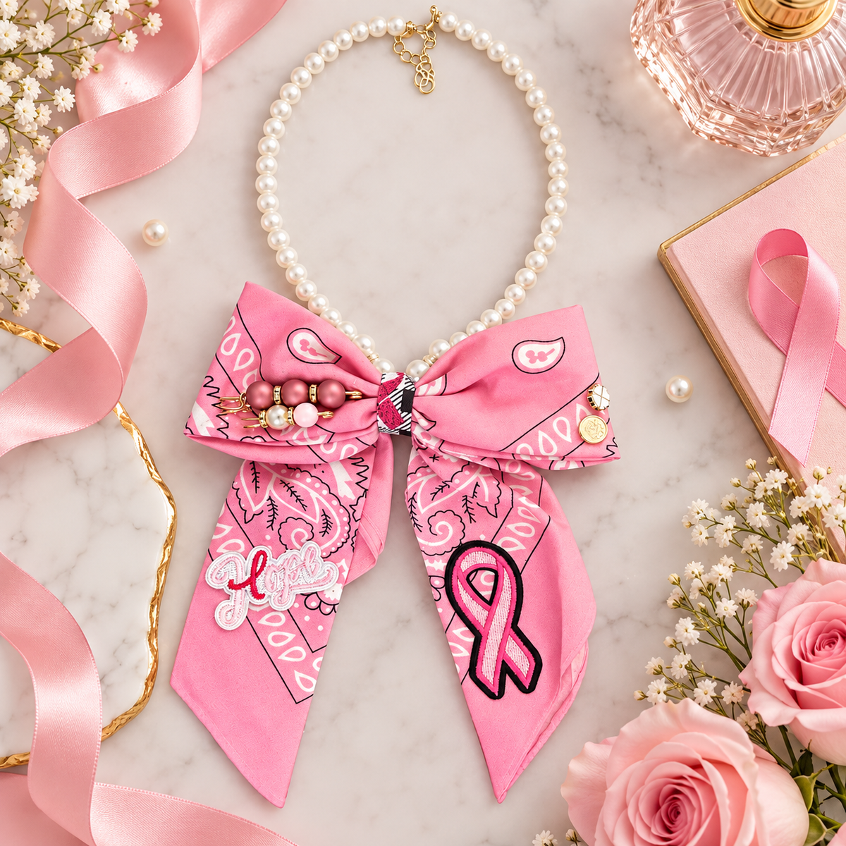 Pink Breast Cancer Awareness Bandana Bow Pearl Necklace | Hope Ribbon Statement Necklace