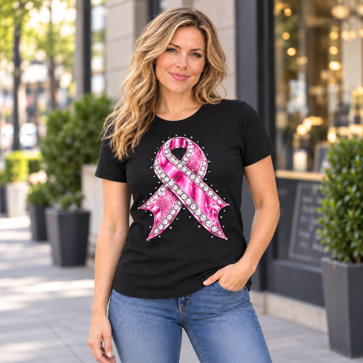 Jeweled Pink Ribbon Breast Cancer Awareness T-Shirt