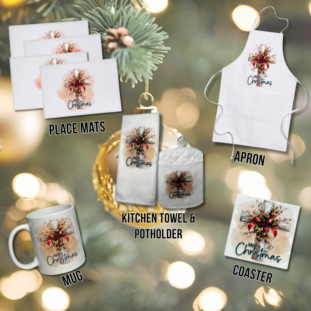 Merry Christmas Cross Kitchen Bundle Personalized Holiday Home Decor Keepsake Gift Set